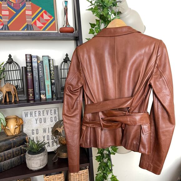 GUCCI 100% Leather Blazer Jacket Belted Cognac Brown Tan Camel IT 40/US S $5300 - Picture 6 of 9